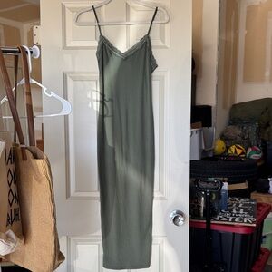 Green Slip Dress with Lace Trim